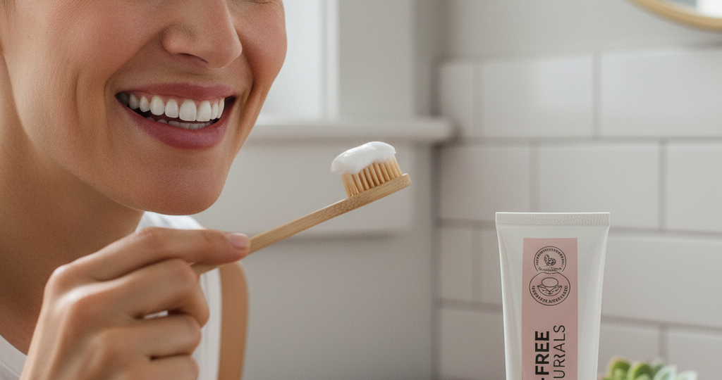 Smiling adult brushing teeth with fluoride-free toothpaste1