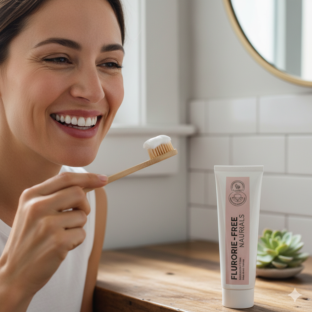 Smiling adult brushing teeth with fluoride-free toothpaste