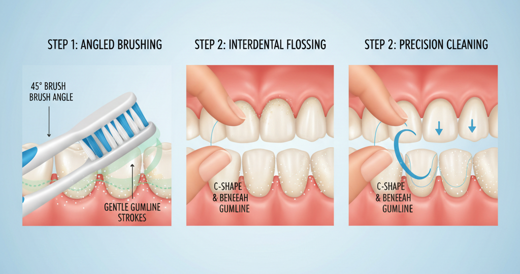 Daily Gumline Cleaning Routine Guide using angled brushing,