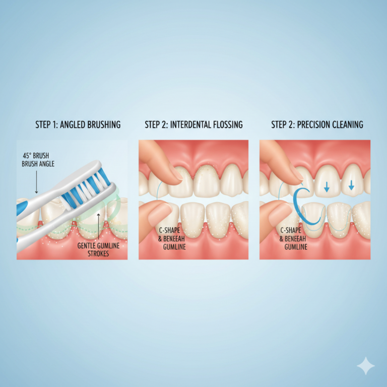 Daily Gumline Cleaning Routine Guide using angled brushing,