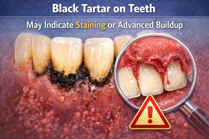 Black tartar on teeth may indicate staining or advanced buildup