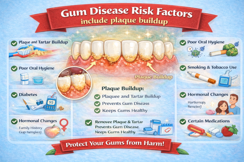 Gum Disease Risk Factors include plaque buildup