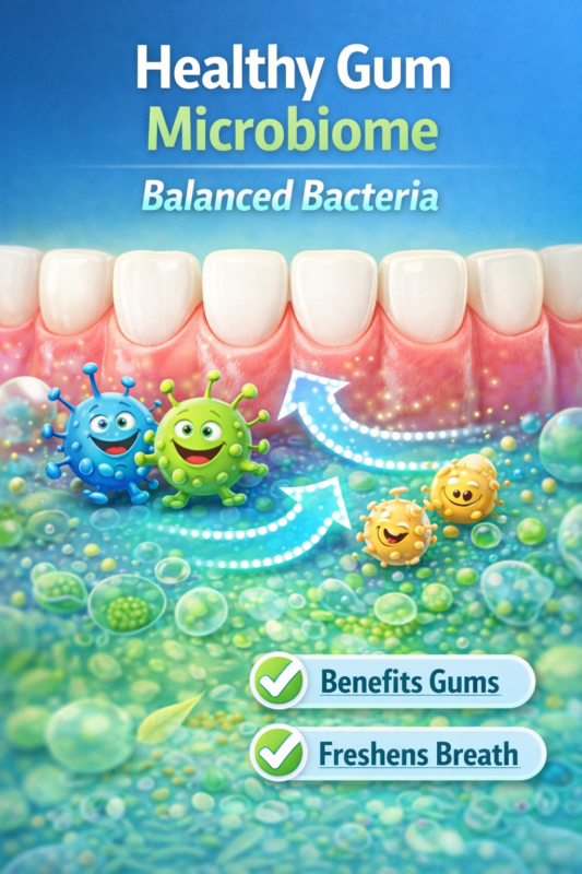 Illustration of healthy gum microbiome balance
