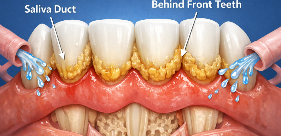 Tartar buildup behind front teeth