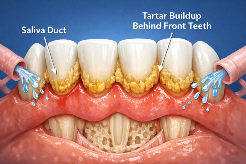 Tartar buildup behind front teeth